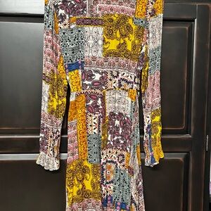 Skies Are Blue Casual Yellow and Red Sheath Dress with Long Bishop Sleeves